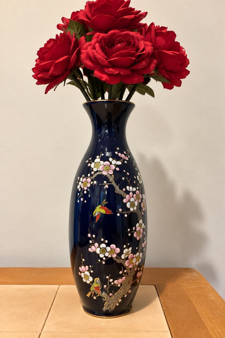 Vintage Bijutsu Toki Japan Cobalt Blue Vase Cherry Blossom Birds Gold 11”